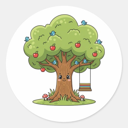 Cute Apple Tree Cartoon Illustration Sticker ラウンドシール (正面)