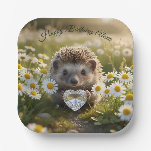 Cute April Hedgehog with Diamond Heart ペーパープレート (正面)