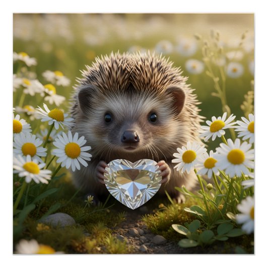 Cute April Hedgehog with Diamond Heart ポスター (正面)