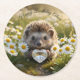 Cute April Hedgehog with Diamond Heart ラウンドペーパーコースター