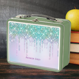 Cute Aqua blue Drips faux glitter monogram メタルランチボックス