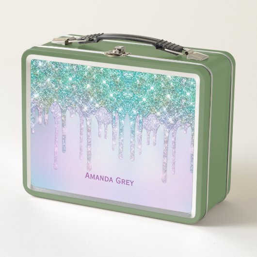 Cute Aqua blue Drips faux glitter monogram メタルランチボックス (正面)
