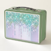 Cute Aqua blue Drips faux glitter monogram メタルランチボックス (裏面)