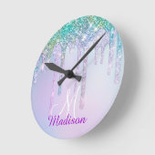 Cute Aqua Turquoise Unicorn Glitter Drips monogram ラウンド壁時計 (傾斜)