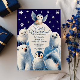 Cute Arctic Animals Blue Winter Kids Birthday  招待状