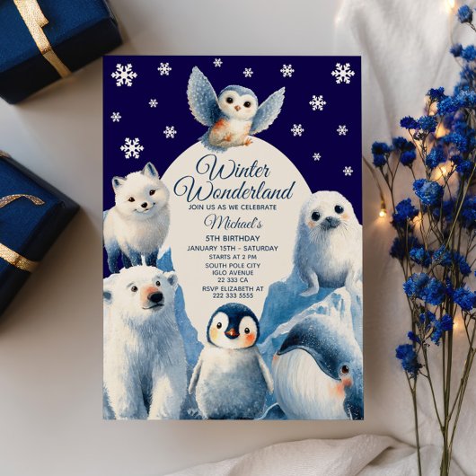 Cute Arctic Animals Blue Winter Kids Birthday  招待状
