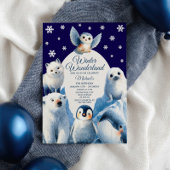 Cute Arctic Animals Blue Winter Kids Birthday  招待状