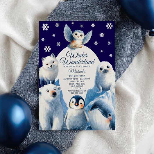 Cute Arctic Animals Blue Winter Kids Birthday 招待状