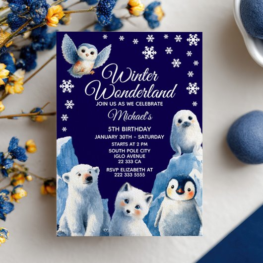Cute Arctic Animals Winter Kids' Birthday Party 招待状