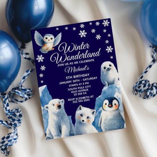 Cute Arctic Animals Winter Kids' Birthday Party 招待状