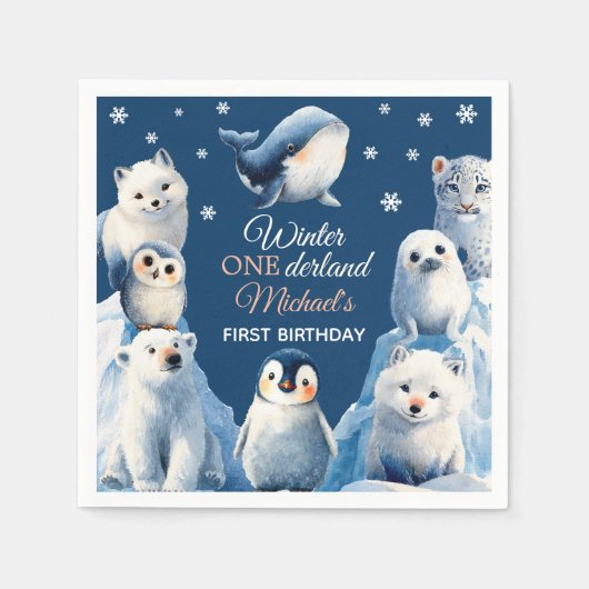Cute Arctic Animals Winter Kids' First Birthday スタンダードカクテルナプキン (正面)