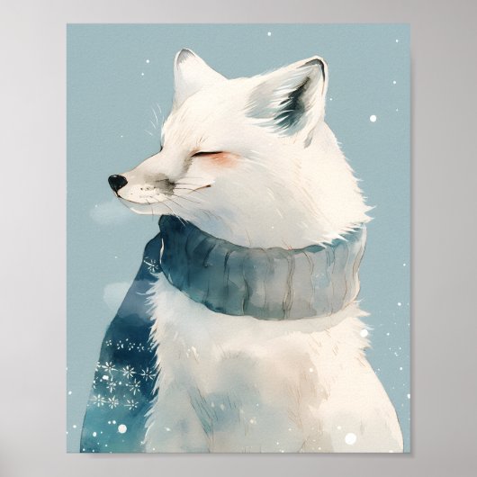 Cute Arctic Fox Nursery Wall Art Watercolor Poster ポスター (正面)