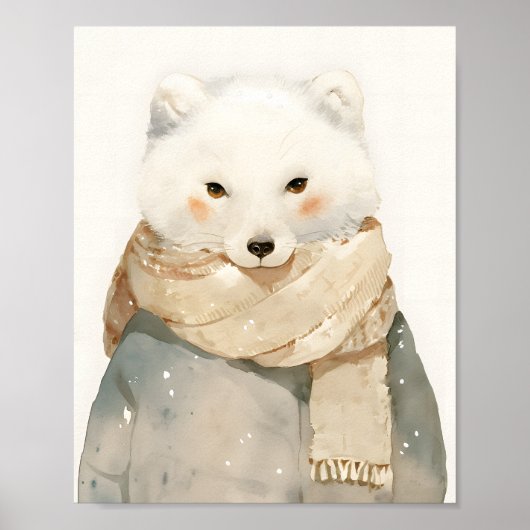 Cute Arctic Fox Nursery Wall Art Watercolor Winter ポスター (正面)