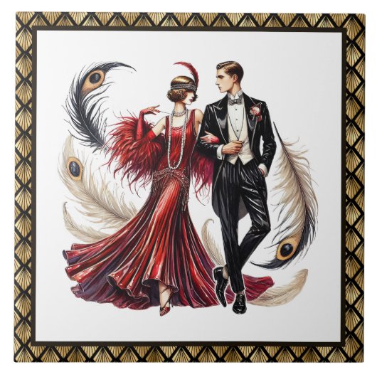 Cute Art deco couple  タイル (正面)