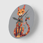 Cute Artistic Cat with Floral Branch ラウンド壁時計 (傾斜)