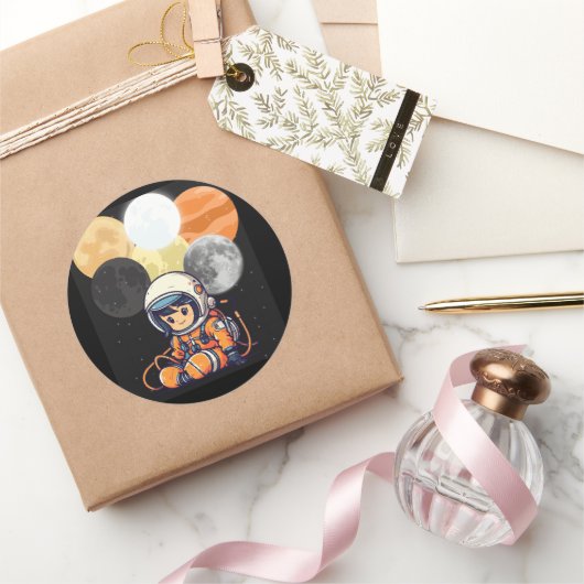Cute Astronaut and Planets Sticker ラウンドシール (ギフト)