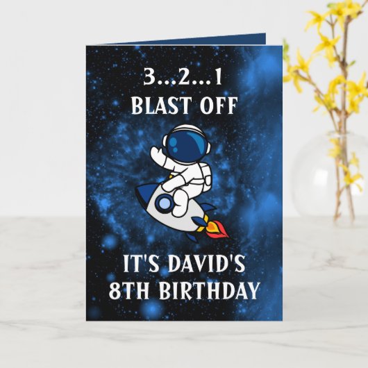 Cute Astronaut Blue Black Galaxy 8th Birthday カード (黄色い花)