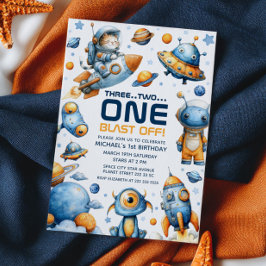 Cute Astronaut Cat Blast Off Space 1st Birthday 招待状