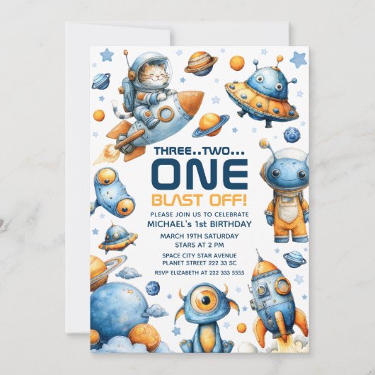 Cute Astronaut Cat Blast Off Space 1st Birthday 招待状 (正面)