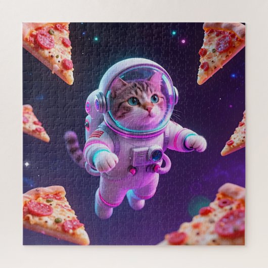 Cute Astronaut Cat Floating Pizza Space Adventure ジグソーパズル (縦)