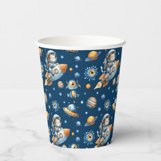 Cute Astronaut Cat Galaxy Pattern Space Navy Blue 紙コップ (裏面)