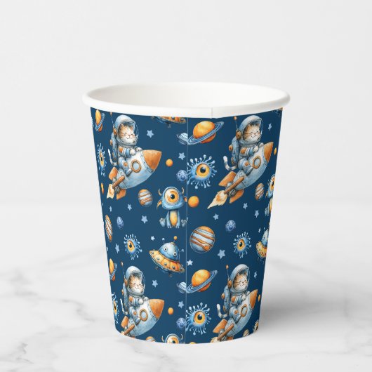Cute Astronaut Cat Galaxy Pattern Space Navy Blue 紙コップ (右)