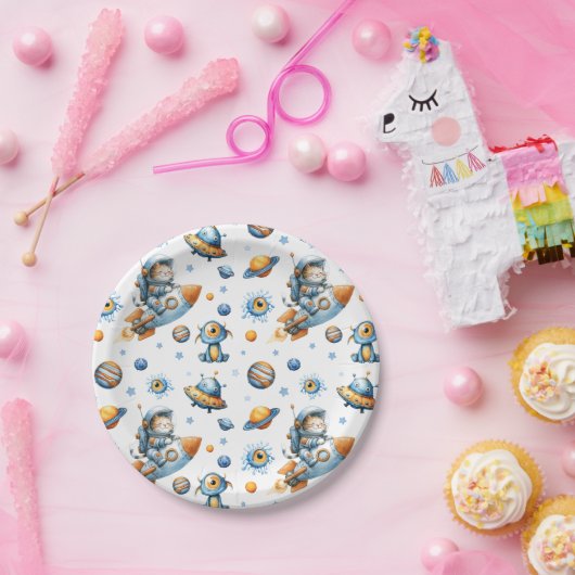 Cute Astronaut Cat Outer Space Pattern Galaxy ペーパープレート (パーティー)