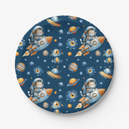 Cute Astronaut Cat Space Galaxy Pattern Navy Blue  ペーパープレート