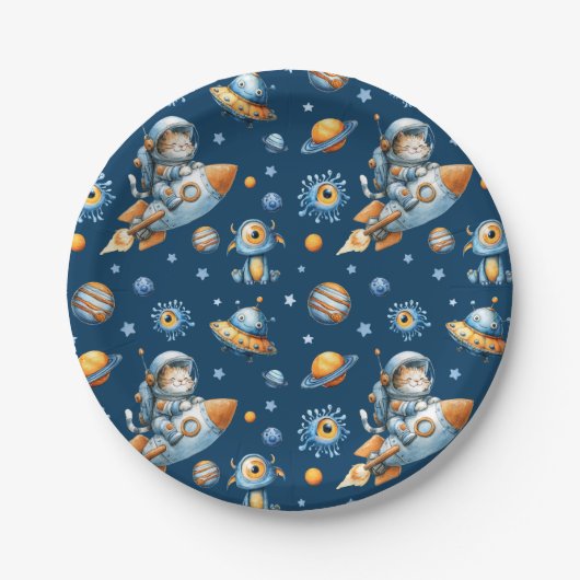 Cute Astronaut Cat Space Galaxy Pattern Navy Blue  ペーパープレート (正面)