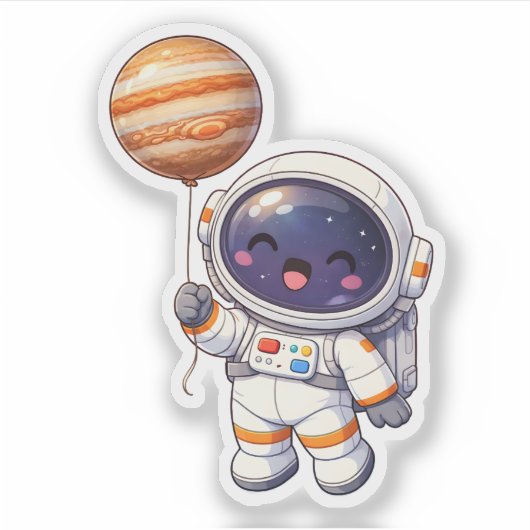 Cute Astronaut Holding Jupiter Balloon Kawaii  シール (正面)