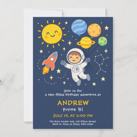 Cute Astronaut Kids Birthday Card 招待状 (正面)