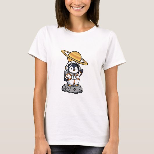 Cute Astronaut Penguin Waving on Asteroid Tシャツ (正面)