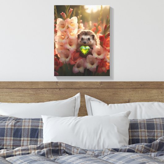 Cute August Hedgehog with Peridot Heart キャンバスプリント (インサイチュ (寝室))