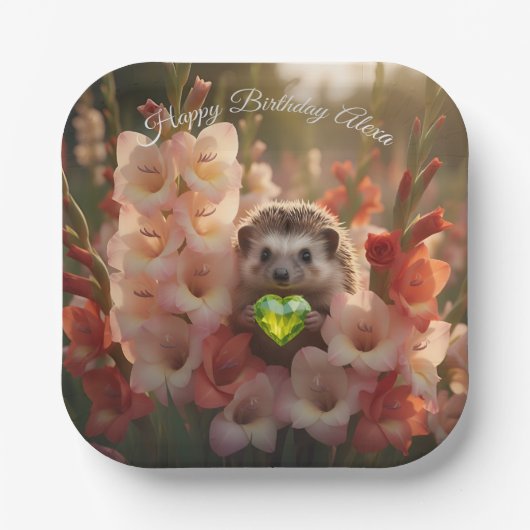 Cute August Hedgehog with Peridot Heart ペーパープレート (正面)