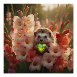 Cute August Hedgehog with Peridot Heart ポスター