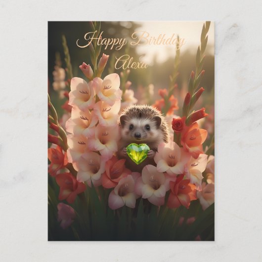 Cute August Hedgehog with Peridot Heart ポストカード (正面)