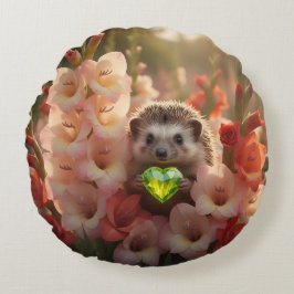 Cute August Hedgehog with Peridot Heart ラウンドクッション