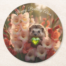 Cute August Hedgehog with Peridot Heart ラウンドペーパーコースター
