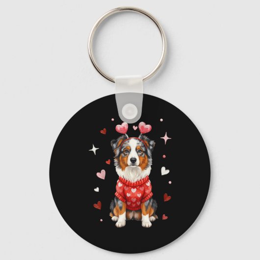 Cute Australian Shepherd Valentine Heart Valentine キーホルダー (正面)