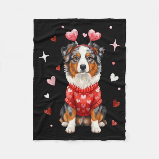 Cute Australian Shepherd Valentine Heart Valentine フリースブランケット (正面)