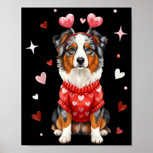 Cute Australian Shepherd Valentine Heart Valentine ポスター (正面)