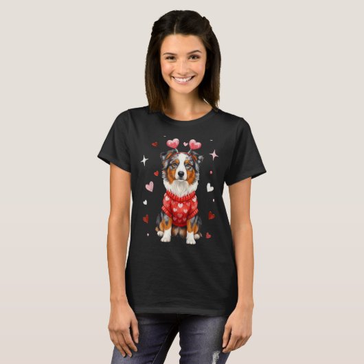 Cute Australian Shepherd Valentine Heart Valentine Tシャツ (正面フル)