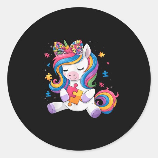 Cute Autism Awareness Toddler Girl Bow Unicorn Puz ラウンドシール (正面)