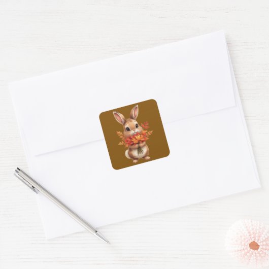 ​Cute Autumn Bunny with Fall Flowers Sticker スクエアシール (封筒)