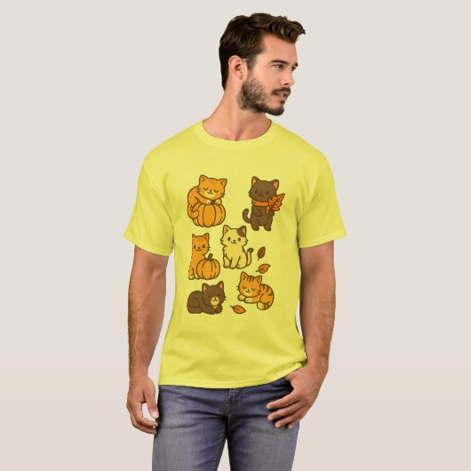Cute Autumn Cats with Pumpkins and Leaves Fall Tシャツ (正面フル)