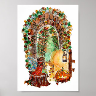 Cute Autumn Fairy Halloween Watercolor ポスター