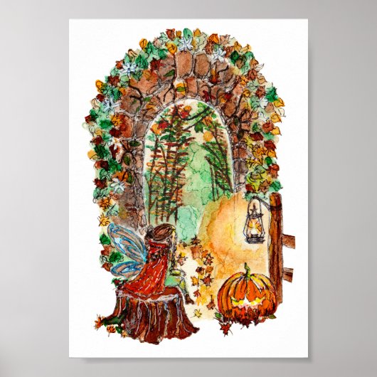 Cute Autumn Fairy Halloween Watercolor ポスター (正面)