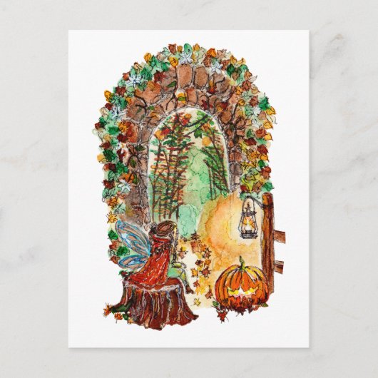 Cute Autumn Fairy Halloween Watercolor ポストカード (正面)