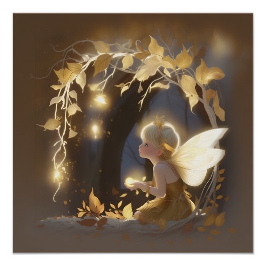 Cute Autumn Fairy with Glowing Flowers ポスター (正面)