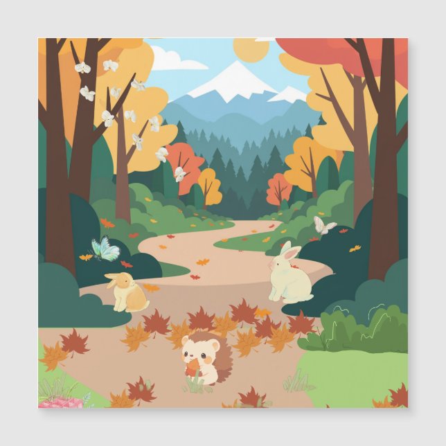 Cute Autumn Forest Animals Cozy Landscape Art Post (正面)